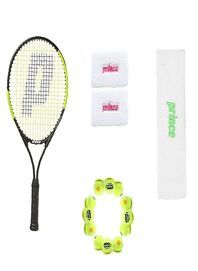 برنس مضرب تنس برينس ثاندر 26، وكرة تنس برينس ستيج 2 برتقالية قياسية (12 كرة) مع سوار معصم أبيض/جديد وعصابة رأس بيضاء/خضراء - Image 2