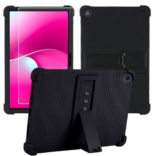 Caweet Case for T-Mobile Revvl Tab 2 10.1" Tablet (2025) with Tempered Glass Screen Protector, Heavy Duty Shockproof Full-Protection Adjustable Stand Silicone Cover, Black - Image 1