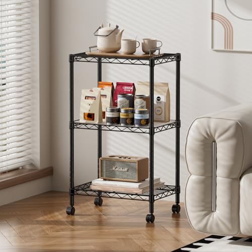SINGAYE 3 Small Shelves Storage Shelf Wire Shelving Unit Metal Shelf Adjustable Organizers Storage Shelving with Wheels for Bathroom Laundry Room Kitchen Pantry11.5”D x 17.3”W x 30”H Black - Image 3