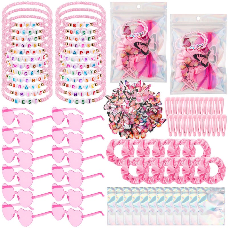 Quelay 134 Pcs Kpop Disco Party Favors Popular Singer Party Friendship Gift Set Birthday Bracelets Sunglasses Satin Scrunchie Clips Stickers Bags for 80s Y2k Fans Women(Heart,Pink) - Image 1