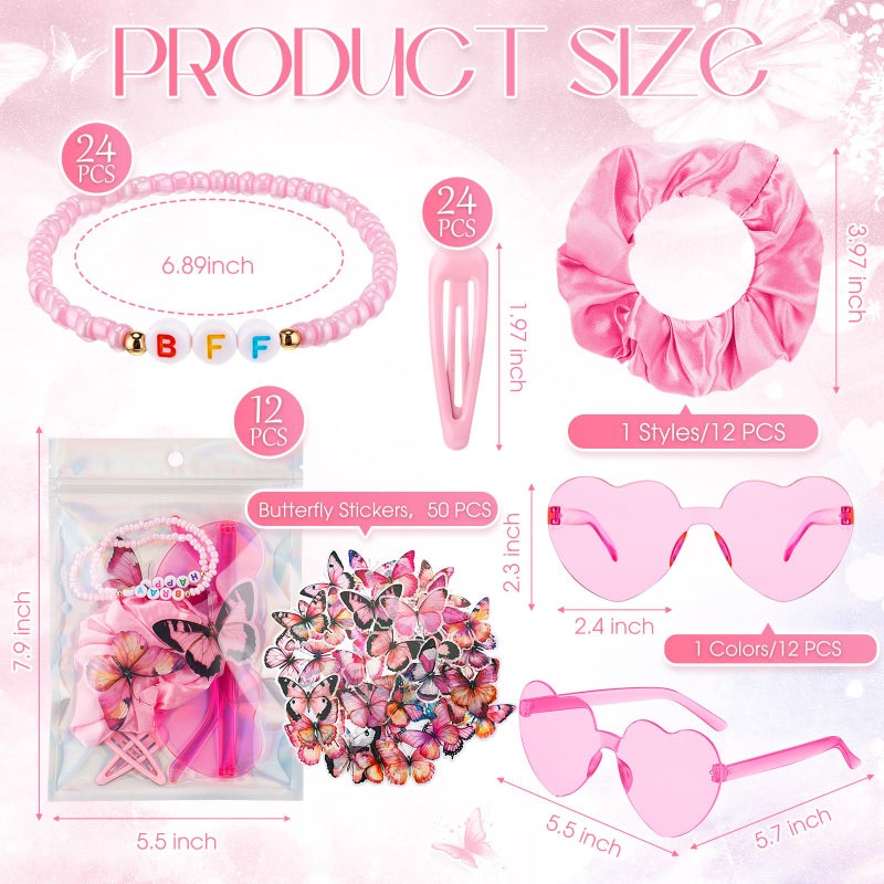 Quelay 134 Pcs Kpop Disco Party Favors Popular Singer Party Friendship Gift Set Birthday Bracelets Sunglasses Satin Scrunchie Clips Stickers Bags for 80s Y2k Fans Women(Heart,Pink) - Image 2