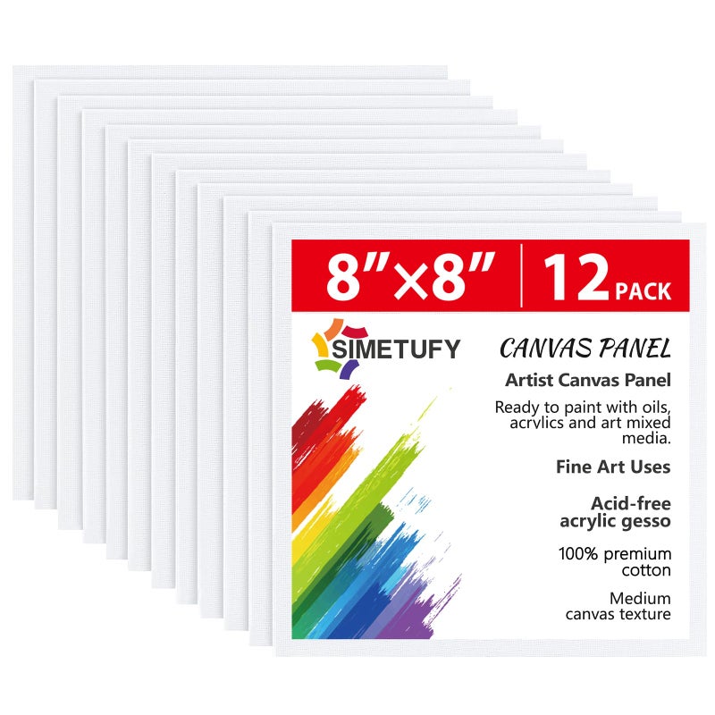 Simetufy 12 Pack 8x8 Inch Painting Canvas Panels Blank Square Canvas Boards for Painting 8oz Gesso Primed AcidFree 100 Cotton for Acrylics Paints