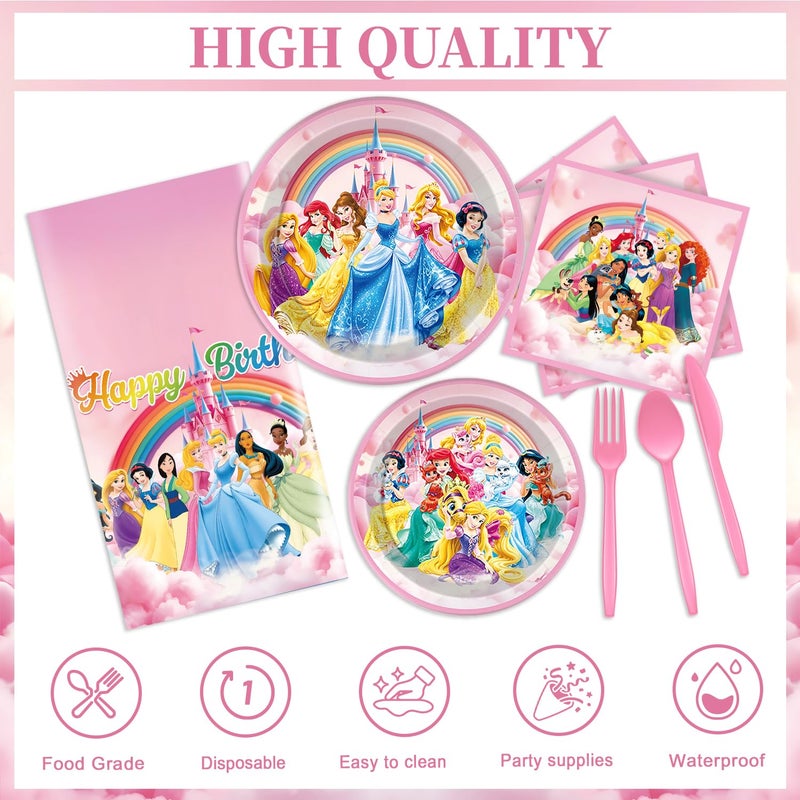 NEW BARLEY 97 Pcs Princess Birthday Party Decorations, Princess Plates and Napkins Tableware for Party, Prin cess Decor Supplies Set for Girl Birthday Flower Fairytale Dinnerware Serve 16 Guests - Image 4