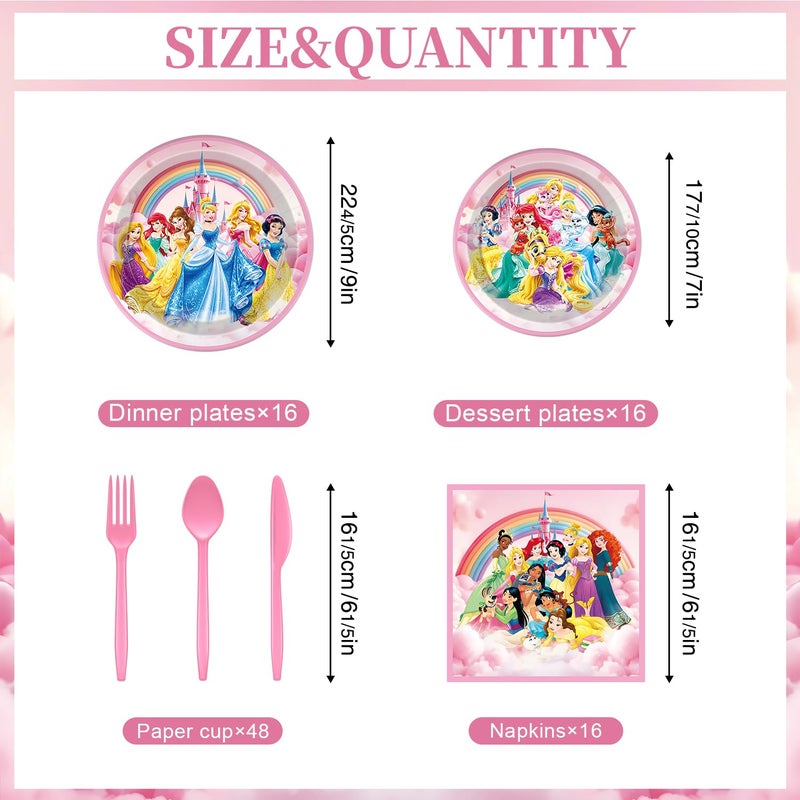 NEW BARLEY 97 Pcs Princess Birthday Party Decorations, Princess Plates and Napkins Tableware for Party, Prin cess Decor Supplies Set for Girl Birthday Flower Fairytale Dinnerware Serve 16 Guests - Image 2