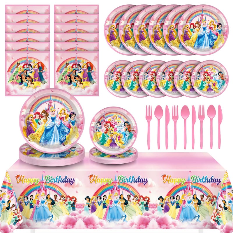 NEW BARLEY 97 Pcs Princess Birthday Party Decorations, Princess Plates and Napkins Tableware for Party, Prin cess Decor Supplies Set for Girl Birthday Flower Fairytale Dinnerware Serve 16 Guests - Image 1