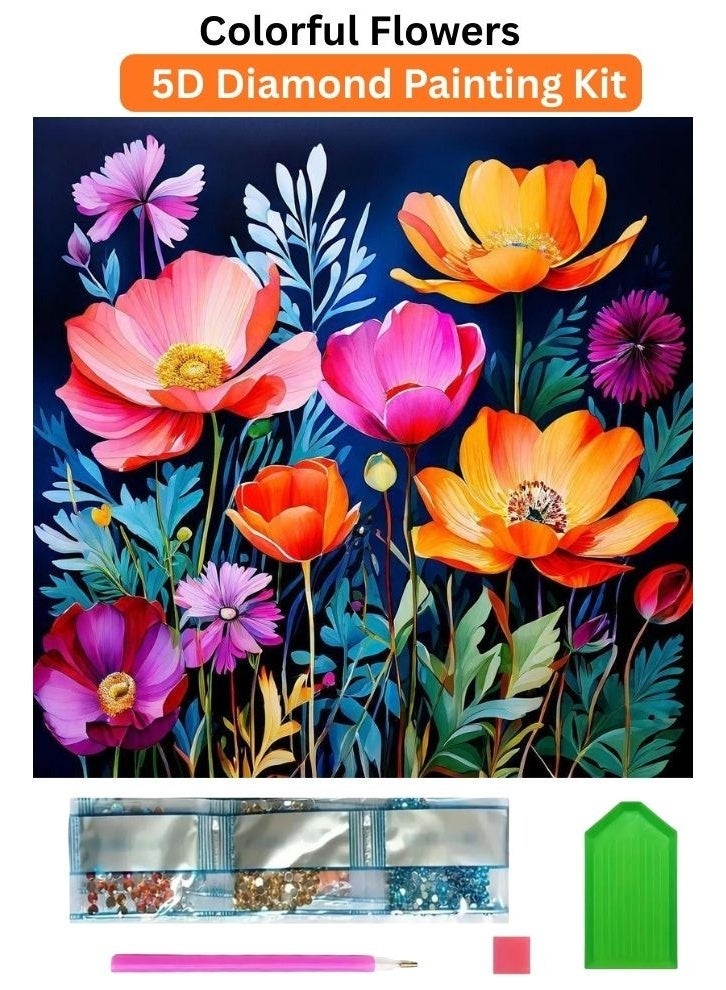 Diamond Painting Kit 5D Diamond Art Set for Kids & Adults DIY Wall Decor Craft,  Colorful Flowers Design, Acrylic Diamonds, Adhesive Canvas with Wooden Frame, Relaxing Hobby Art Kit, 20x20 cm - Image 1