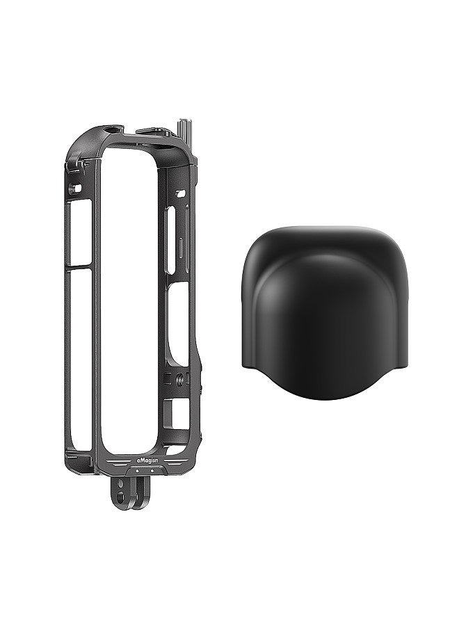 aMagisn Panoramic Camera Video Cage Dual Cold Shoe Mounts with Silicone Lens Cap Metal Protective Frame Camera Cage Compatible with Insta360 X4 Vlog Accessories, Foldable Magnetic Two-Prong Mount Version  - Image 1