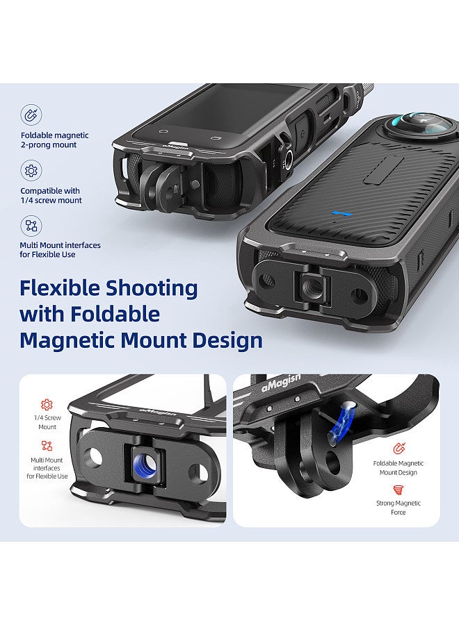aMagisn Panoramic Camera Video Cage Dual Cold Shoe Mounts with Silicone Lens Cap Metal Protective Frame Camera Cage Compatible with Insta360 X4 Vlog Accessories, Foldable Magnetic Two-Prong Mount Version  - Image 2