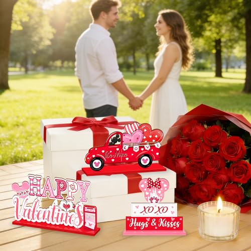 CIOEY 3Pcs Valentines Day Wooden Table Decorations, Mouse Shaped Be Mine Truck Sign, Happy Valentines Day Tabletop Centerpieces, Red Pink Love Hearts Decoration for Home, Party, Anniversary, Wedding - Image 5