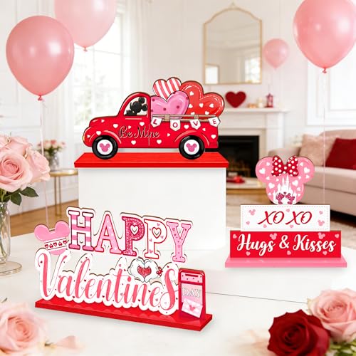 CIOEY 3Pcs Valentines Day Wooden Table Decorations, Mouse Shaped Be Mine Truck Sign, Happy Valentines Day Tabletop Centerpieces, Red Pink Love Hearts Decoration for Home, Party, Anniversary, Wedding - Image 4
