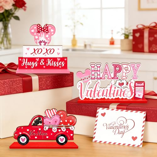CIOEY 3Pcs Valentines Day Wooden Table Decorations, Mouse Shaped Be Mine Truck Sign, Happy Valentines Day Tabletop Centerpieces, Red Pink Love Hearts Decoration for Home, Party, Anniversary, Wedding - Image 3