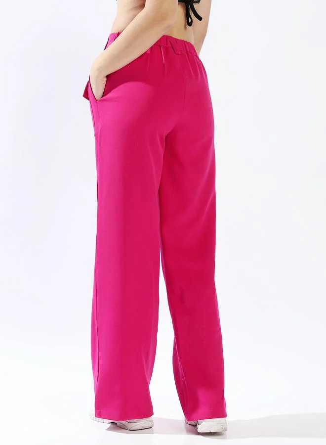 HIGH STAR Women's Magenta 100% Polyester Solid Pattern Full Length Chinos Wide Leg Trouser
