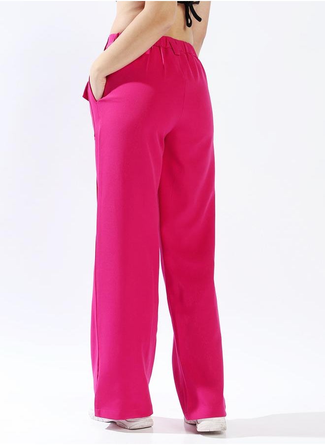 Women's Magenta 100% Polyester Solid Pattern Full Length Chinos Wide Leg Trouser