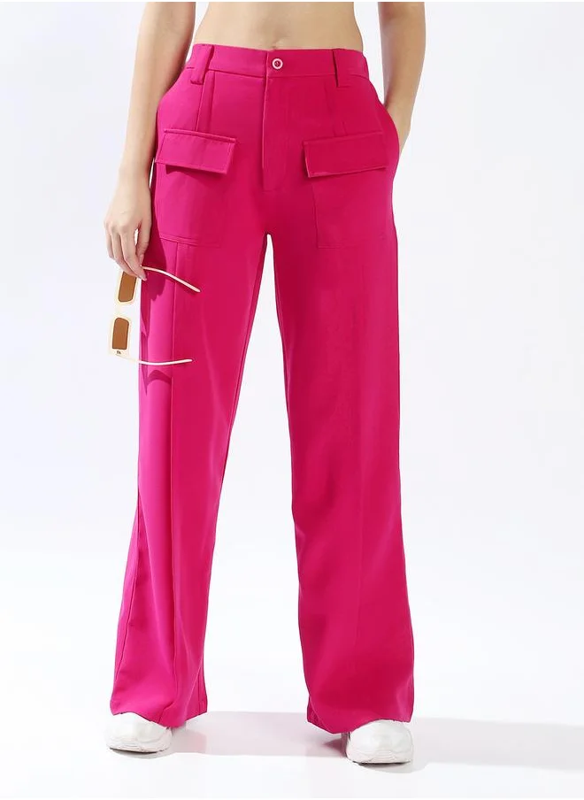 هاي ستار Women's Magenta 100% Polyester Solid Pattern Full Length Chinos Wide Leg Trouser