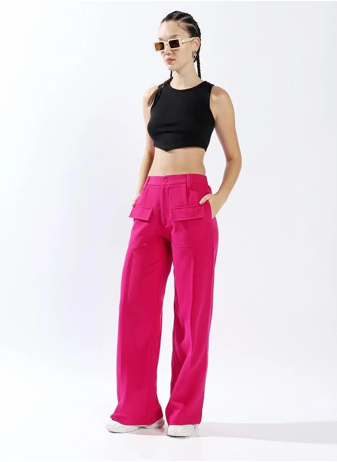 هاي ستار Women's Magenta 100% Polyester Solid Pattern Full Length Chinos Wide Leg Trouser
