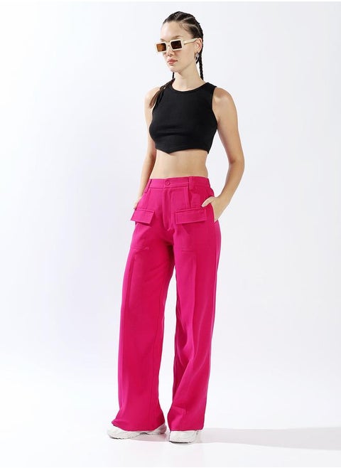 Women's Magenta 100% Polyester Solid Pattern Full Length Chinos Wide Leg Trouser