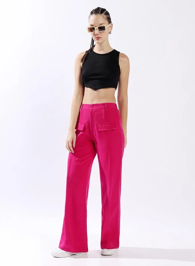 HIGH STAR Women's Magenta 100% Polyester Solid Pattern Full Length Chinos Wide Leg Trouser