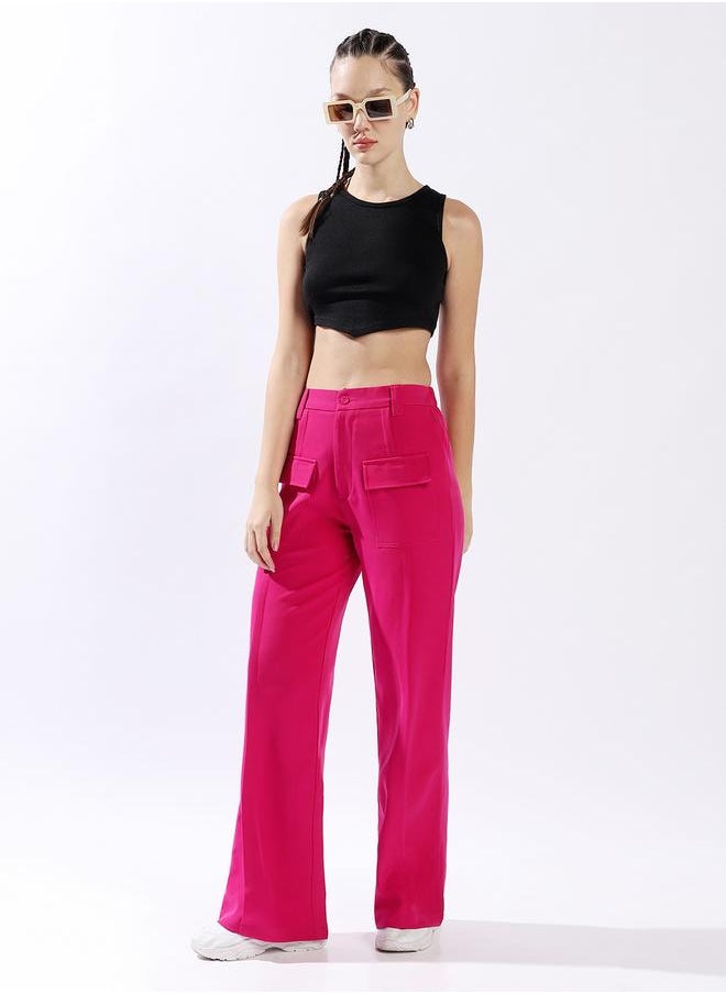 Women's Magenta 100% Polyester Solid Pattern Full Length Chinos Wide Leg Trouser