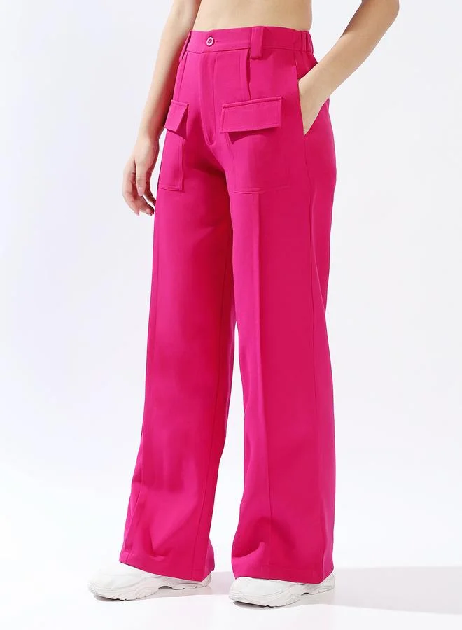 HIGH STAR Women's Magenta 100% Polyester Solid Pattern Full Length Chinos Wide Leg Trouser