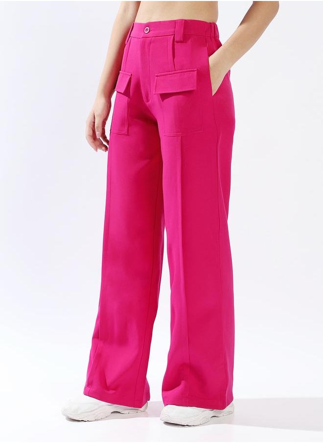 HIGH STAR Women's Magenta 100% Polyester Solid Pattern Full Length Chinos Wide Leg Trouser  - Image 3