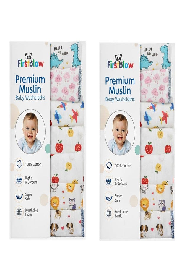 Firstblow 14 Pcs Muslin Cotton Cloth Premium Baby Washcloth for New Born, Washable, Reusable, Absorbent, Extra Soft Face Towels/Hankies for Babies, Stars, Balloons Random Print - Image 1