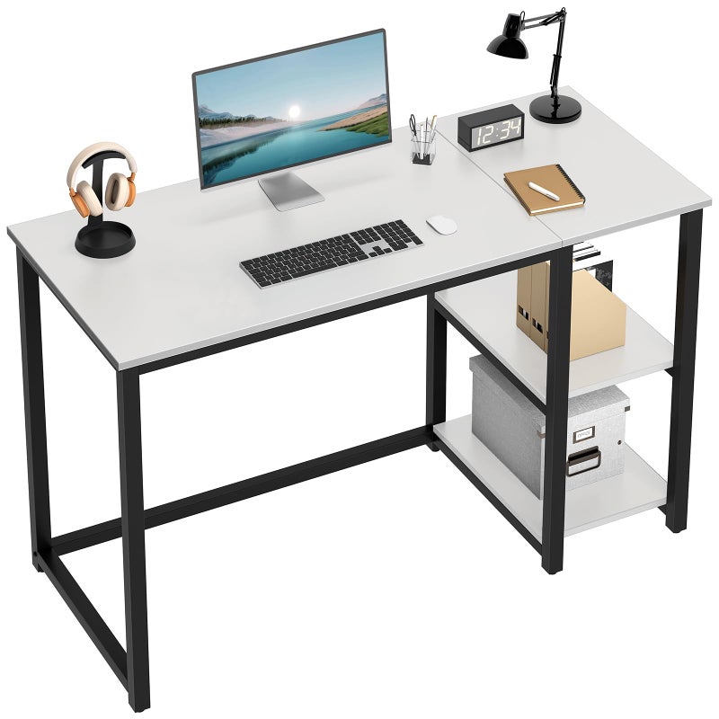 SINPAID Computer Desk 47 inches with 2Tier Shelves Sturdy Home Office Desk with Large Storage Space Modern Gaming Desk Study Writing Laptop Table White Desk