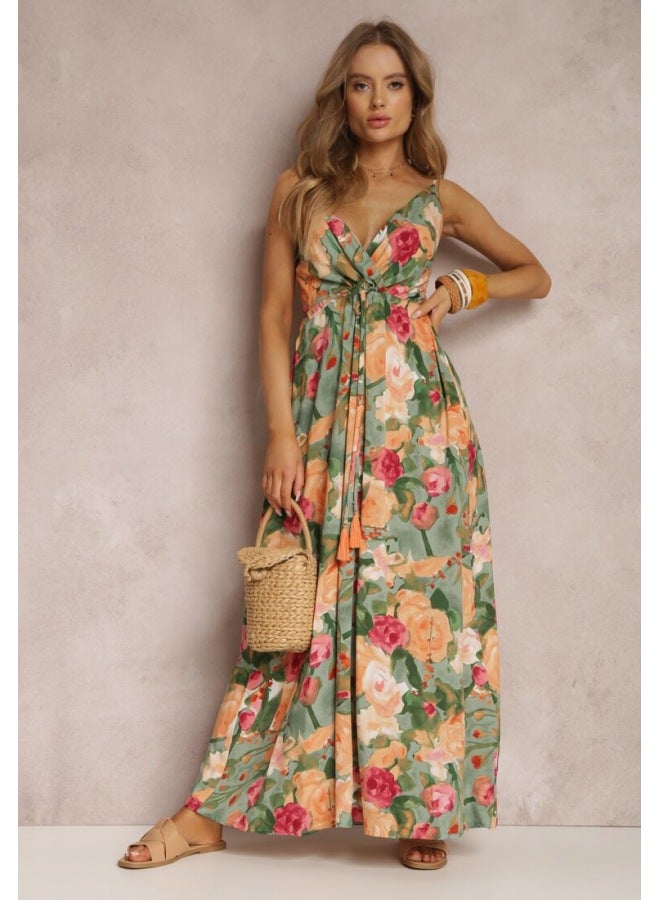 Spring And Summer New Fashion Printed Dress Strap Deep V Sleeveless Backless Long Dress For Women