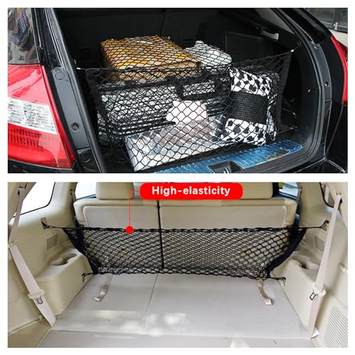 Flylin Car Rear Cargo Net, Adjustable Elastic Trunk Cargo Storage Organizer Net Car Interior Accessories Stretchable with Hooks, Nylon Car Rear Mesh Bag Double-Layer for SUVs, Cars, and Trucks 35.4"x15.8" - Image 5