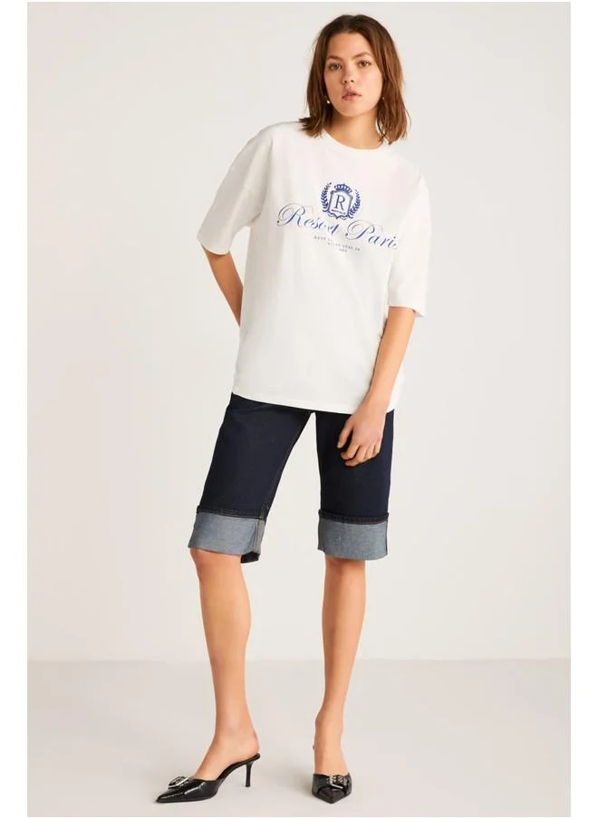 جريميلانج Grimelange Nephele Women's Front Printed Ecru T-Shirt