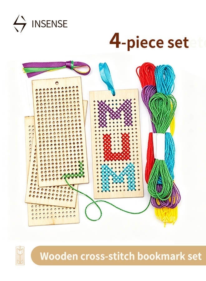 INSENSE DIY Wooden Cross-Stitch Bookmark 4-Piece Set - Arts & Crafts Kit, Creative Rectangular Wood Decoration for Kids and Adults - Image 1