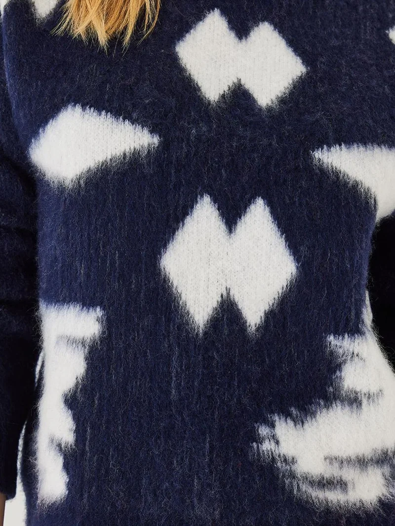 Bianco Lucci LUCCI Abstract Pattern Crew Neck Ribbed Sweater