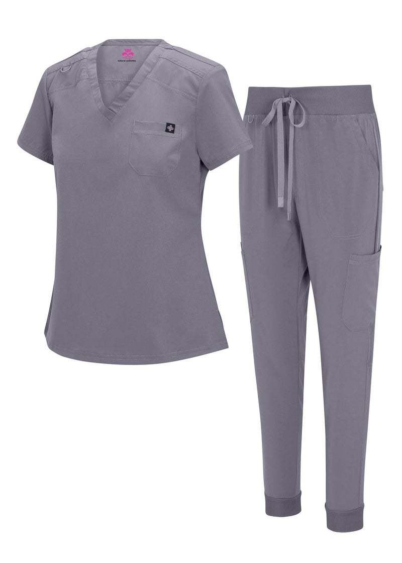 Natural Uniforms طقم سكراب نسائي من يونيفورمات الطبيعية - بلوزة حديثة قابلة للت tuck-in وسروال يوغا (رمادي، كبير جداً) - Image 1