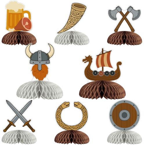Cheerupp 8 Pcs Nordic Viking Helmet Ship Honeycomb Centerpieces Decorations Barbarian Pirate Table Toppers Decor Northern Europe Pirate 3D Table Signs for Baby Shower Birthday Party Supplies - Image 1