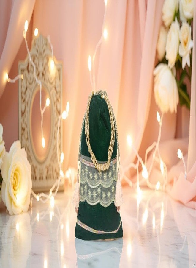 Dulhan Velvet Potli Bag with Pearl Handle | Sequin Tissue Lace Zari Tassels and Resham Dori | Light Green Soft Padded Wedding Shagun Pouch for Return Gifts, Wedding, Winter and Festive Use -pack of 2 - Image 2