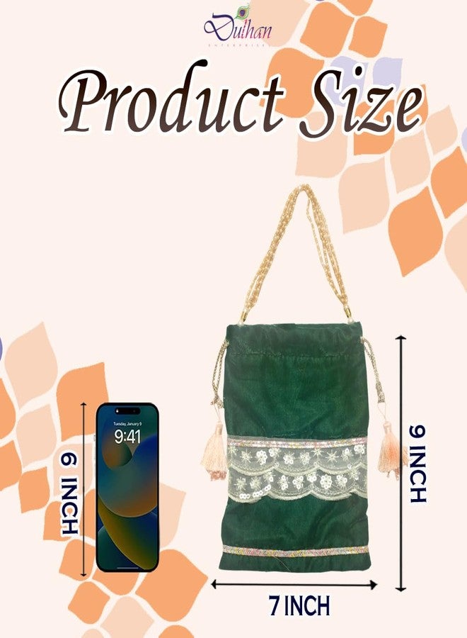 Dulhan Velvet Potli Bag with Pearl Handle | Sequin Tissue Lace Zari Tassels and Resham Dori | Light Green Soft Padded Wedding Shagun Pouch for Return Gifts, Wedding, Winter and Festive Use -pack of 2 - Image 3