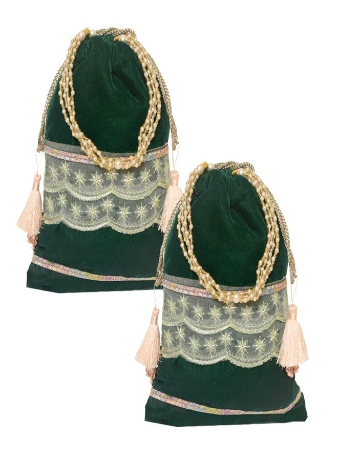Dulhan Velvet Potli Bag with Pearl Handle | Sequin Tissue Lace Zari Tassels and Resham Dori | Light Green Soft Padded Wedding Shagun Pouch for Return Gifts, Wedding, Winter and Festive Use -pack of 2 - Image 1