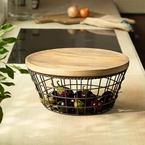 Ellementry Twine Metal Wire Kitchen Vegetable Storage Basket with Wooden Lid, Fruit Basket for Pantry, Countertop Multi-Functional Fruit & Vegetable Organizer for Home & Kitchen Décor - Image 4