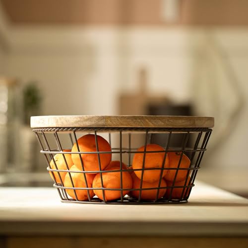 Ellementry Twine Metal Wire Kitchen Vegetable Storage Basket with Wooden Lid, Fruit Basket for Pantry, Countertop Multi-Functional Fruit & Vegetable Organizer for Home & Kitchen Décor - Image 1