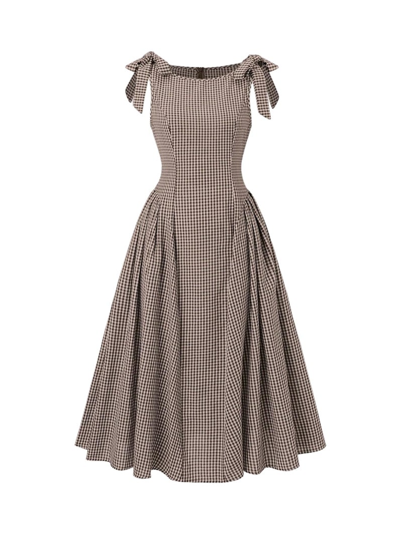 SweatyRocks Women's Vintage Plaid Dresses Bow Shoulder Checkered Boat Neck Ruffle A Line Dress Coffee Brown Medium - Image 1
