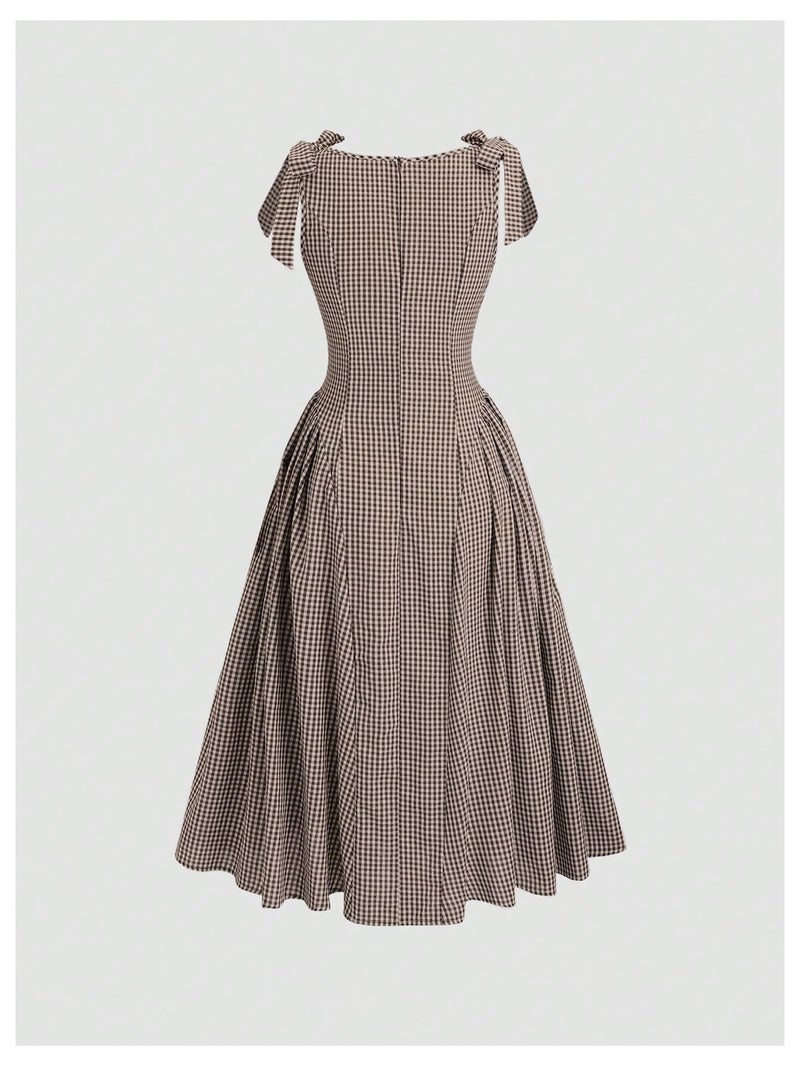 SweatyRocks Women's Vintage Plaid Dresses Bow Shoulder Checkered Boat Neck Ruffle A Line Dress Coffee Brown Medium - Image 2