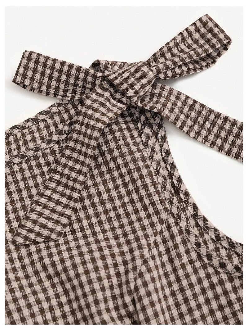 SweatyRocks Women's Vintage Plaid Dresses Bow Shoulder Checkered Boat Neck Ruffle A Line Dress Coffee Brown Medium - Image 3