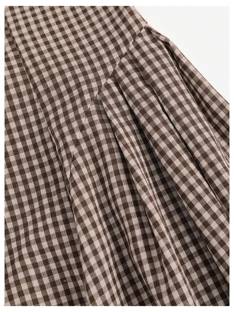 SweatyRocks Women's Vintage Plaid Dresses Bow Shoulder Checkered Boat Neck Ruffle A Line Dress Coffee Brown Medium - Image 4