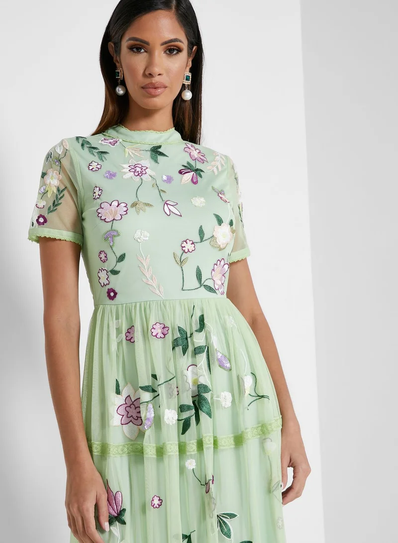Frock and Frill High Neck Embroidered Dress