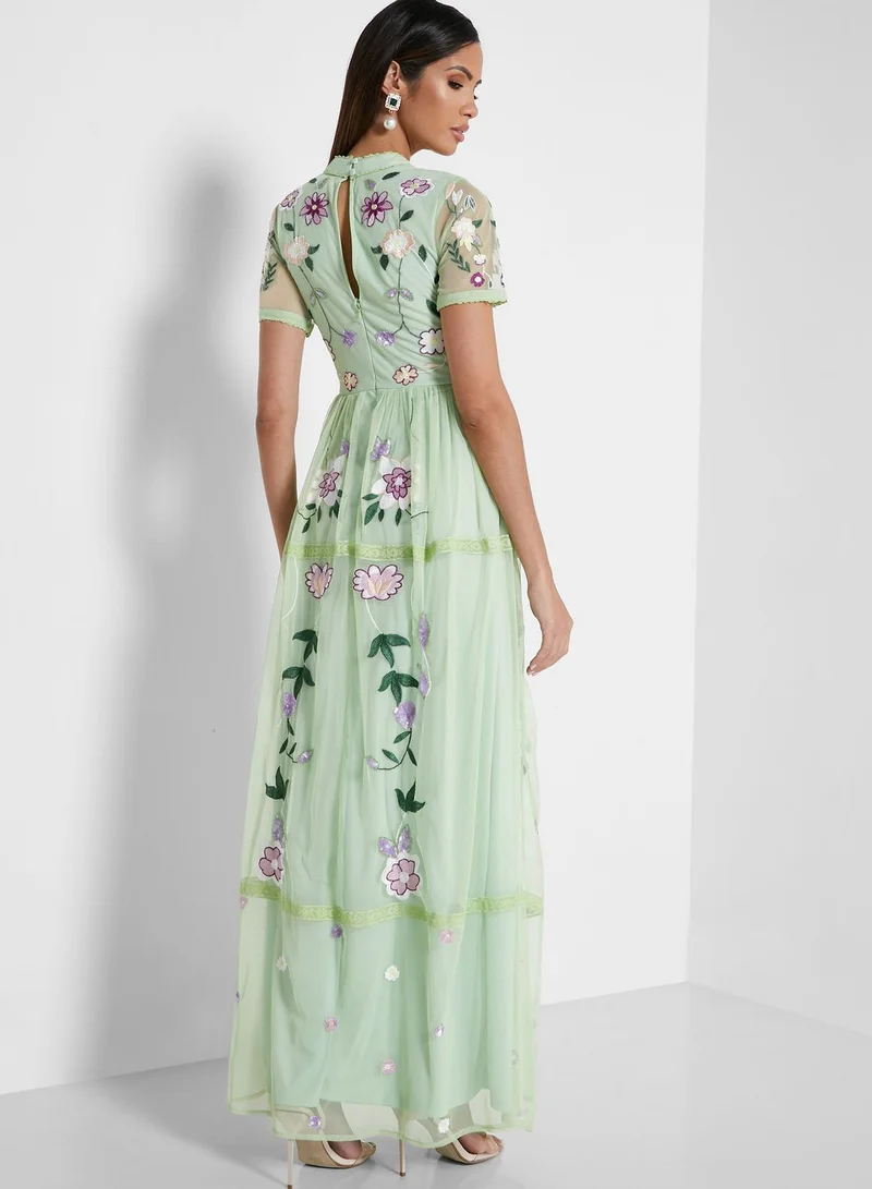 Frock and Frill High Neck Embroidered Dress