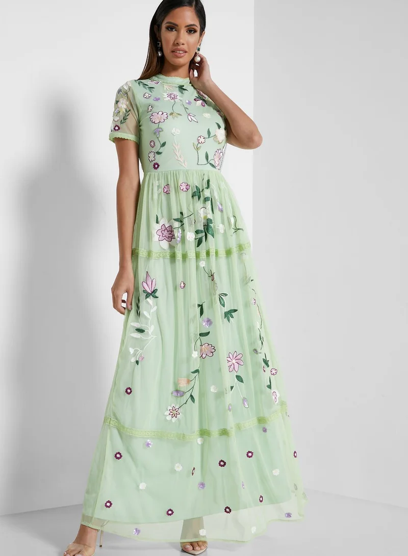 Frock and Frill High Neck Embroidered Dress