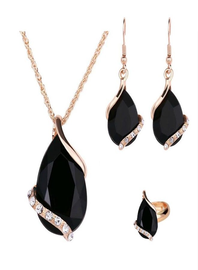 Ezing Women Crystal Pendant Gold Plated Chain Necklace Earring Jewelry Set (black) - Image 1