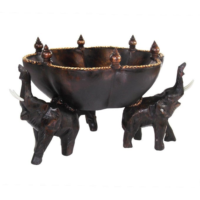 8 INCHES TRIUMPHANT ELEPHANTS CARVED RAIN TREE WOODEN BOWL FAIR TRADE HANDICRAFT