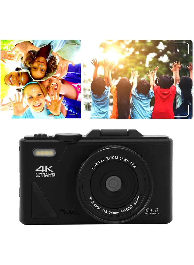 4K 64MP Point and Shoot Digital Camera with 3-inch Screen, 18X Zoom, Autofocus - Black - Image 3