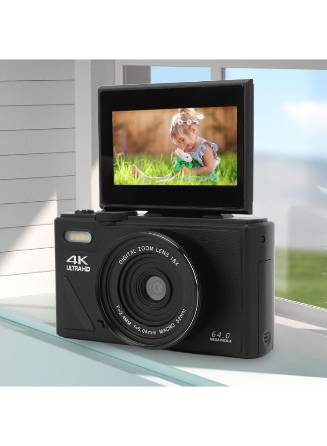 4K 64MP Point and Shoot Digital Camera with 3-inch Screen, 18X Zoom, Autofocus - Black - Image 2