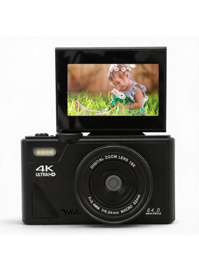 4K 64MP Point and Shoot Digital Camera with 3-inch Screen, 18X Zoom, Autofocus - Black - Image 1
